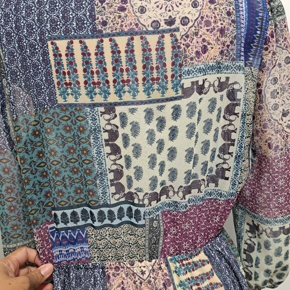 Hiche Colorful Patchwork Animal Print Boho Casual Tiered Dress Medium Multi Colo - Picture 12 of 16